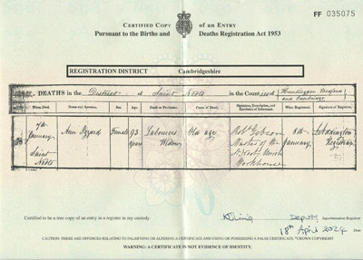 Ann Izzard death certificate